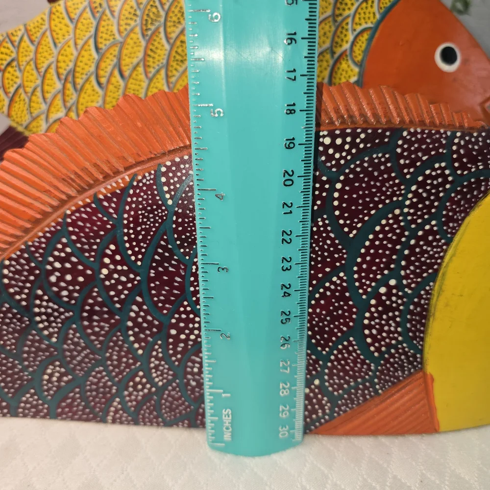 FOLK ART WOOD CARVED FISH SCULPTURE SET BRIGHT MEXICAN BEACH DECOR